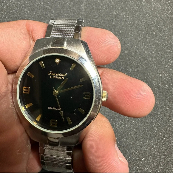 precision by gruen Mens Watch Diamond Quartz GP402MN Black Dial Silver Working - Picture 2 of 7